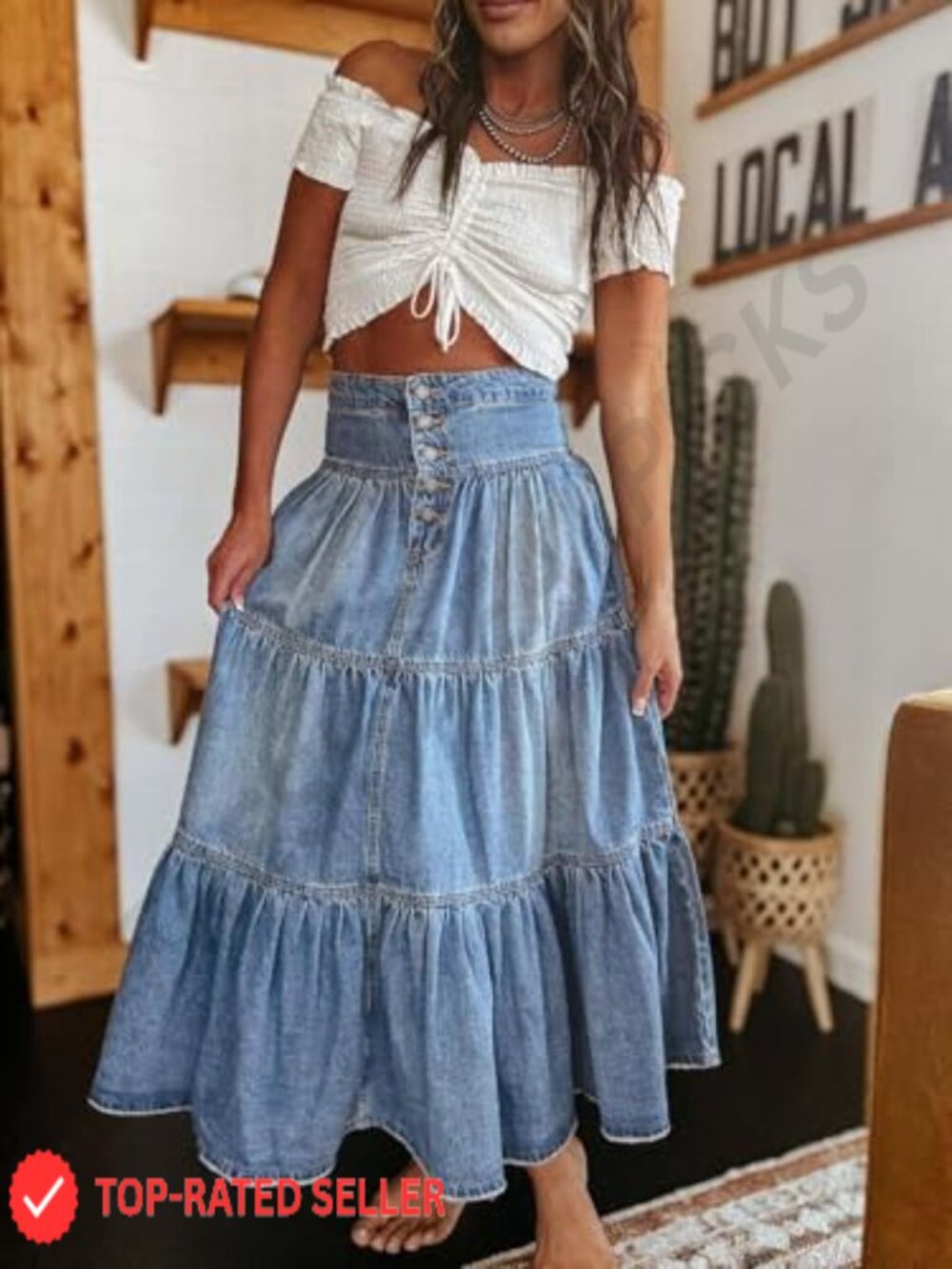 Women's High Waist Denim Maxi Skirt Button Boho Flowy Ruffle Swing A-Line Long - Picture 5 of 6